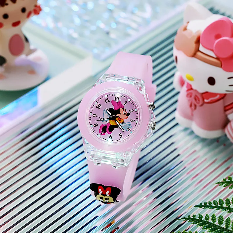 Disney Girls Kids Watches Children Watch Mickey Minnie Iron Man Luminous Student Colorful LED Light Women Lady Clock Gifts