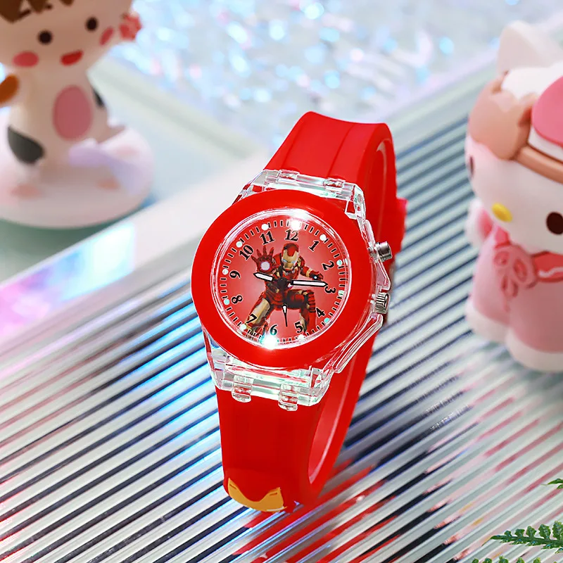 Disney Girls Kids Watches Children Watch Mickey Minnie Iron Man Luminous Student Colorful LED Light Women Lady Clock Gifts