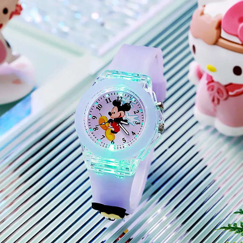 Disney Girls Kids Watches Children Watch Mickey Minnie Iron Man Luminous Student Colorful LED Light Women Lady Clock Gifts