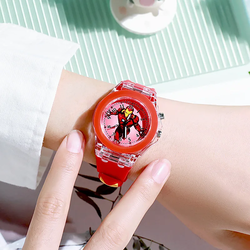 Disney Girls Kids Watches Children Watch Mickey Minnie Iron Man Luminous Student Colorful LED Light Women Lady Clock Gifts