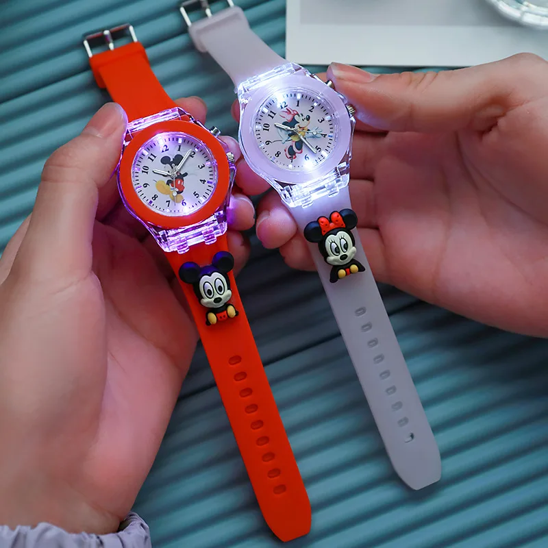 Disney Girls Kids Watches Children Watch Mickey Minnie Iron Man Luminous Student Colorful LED Light Women Lady Clock Gifts