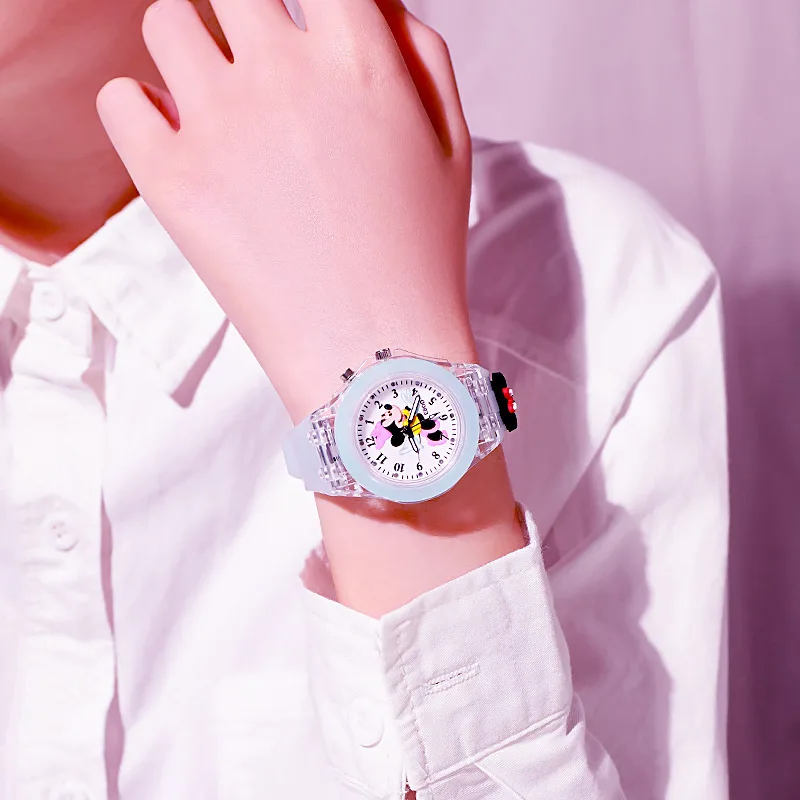 Disney Girls Kids Watches Children Watch Mickey Minnie Iron Man Luminous Student Colorful LED Light Women Lady Clock Gifts