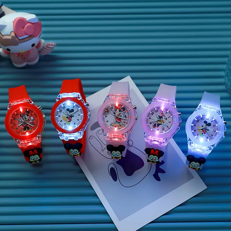 Disney Girls Kids Watches Children Watch Mickey Minnie Iron Man Luminous Student Colorful LED Light Women Lady Clock Gifts