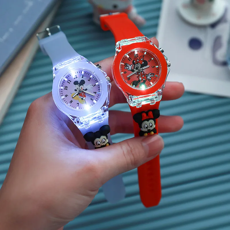 Disney Girls Kids Watches Children Watch Mickey Minnie Iron Man Luminous Student Colorful LED Light Women Lady Clock Gifts