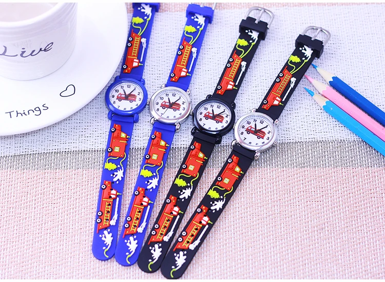 Cartoon Silicone Fire Truck Strap And Face Quartz Watches Children Boys Girls Man Fashion Sports Waterproof For Over 3rd Kids