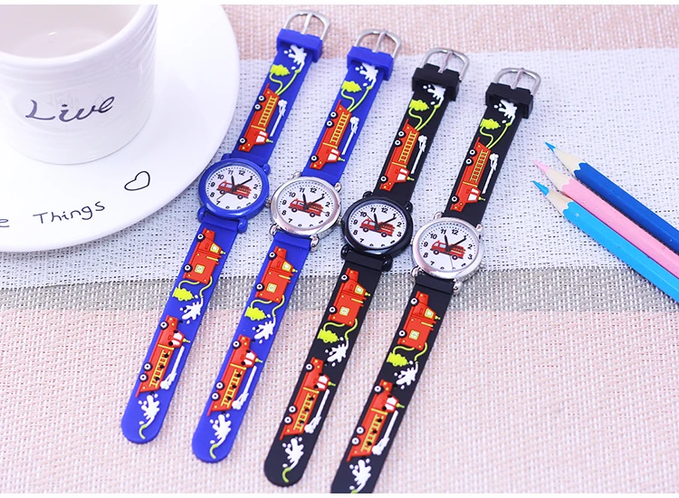 Cartoon Silicone Fire Truck Strap And Face Quartz Watches Children Boys Girls Man Fashion Sports Waterproof For Over 3rd Kids