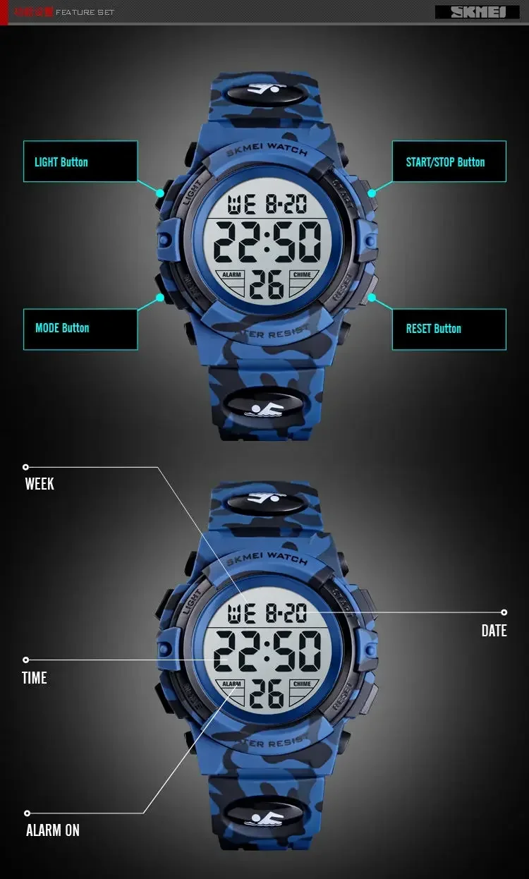 SKMEI 1548 Sport Children's Watch 5bar Waterproof Colorful Lights 12/24Hour Camouflage relogio infantil Boy Kids Watches