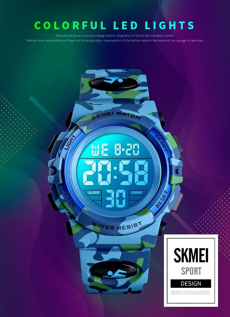 SKMEI 1548 Sport Children's Watch 5bar Waterproof Colorful Lights 12/24Hour Camouflage relogio infantil Boy Kids Watches