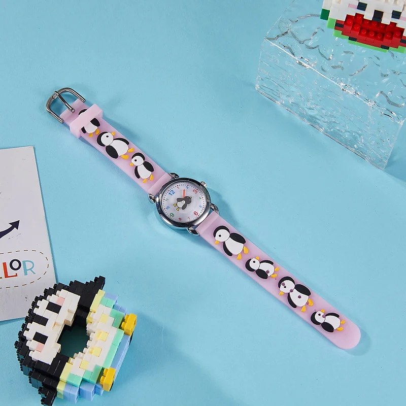 Cute Kids Silicone Watch with 3D Penguin Design Rotate Animal Second Hand Extra Battery Safe for Ages 3+Children Boys Girls Gift