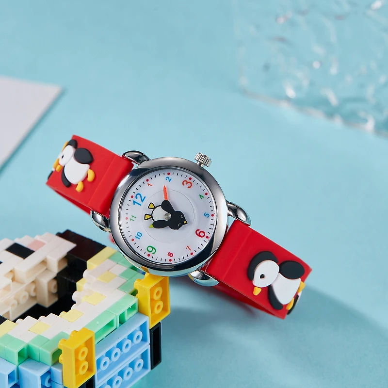 Cute Kids Silicone Watch with 3D Penguin Design Rotate Animal Second Hand Extra Battery Safe for Ages 3+Children Boys Girls Gift