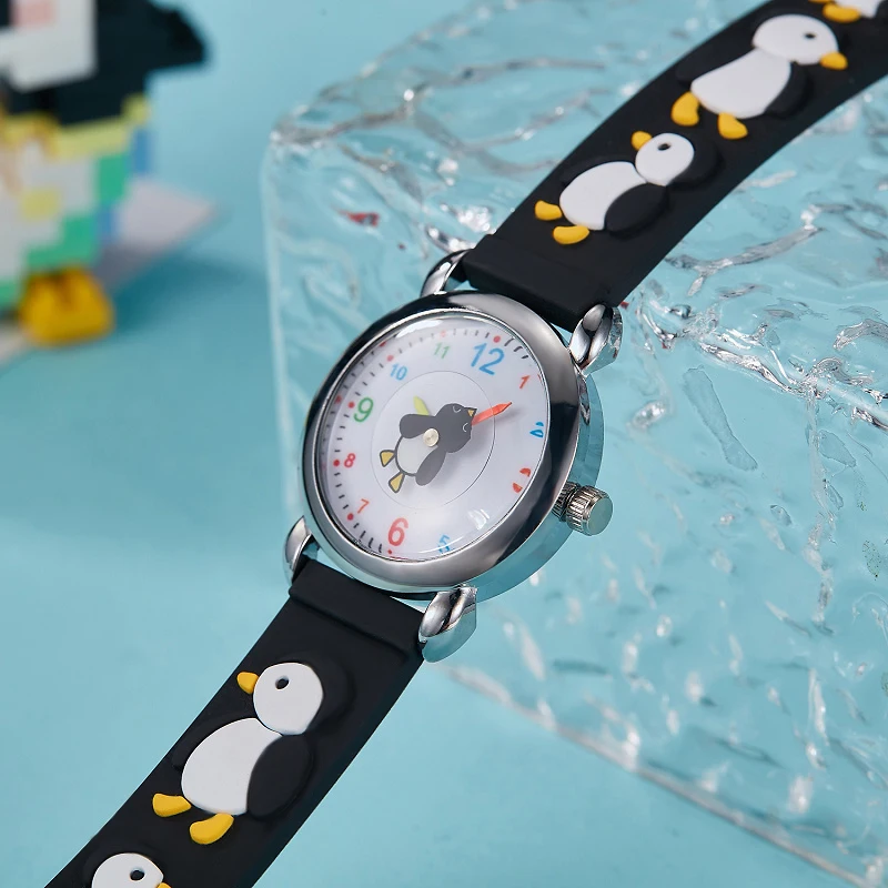 Cute Kids Silicone Watch with 3D Penguin Design Rotate Animal Second Hand Extra Battery Safe for Ages 3+Children Boys Girls Gift