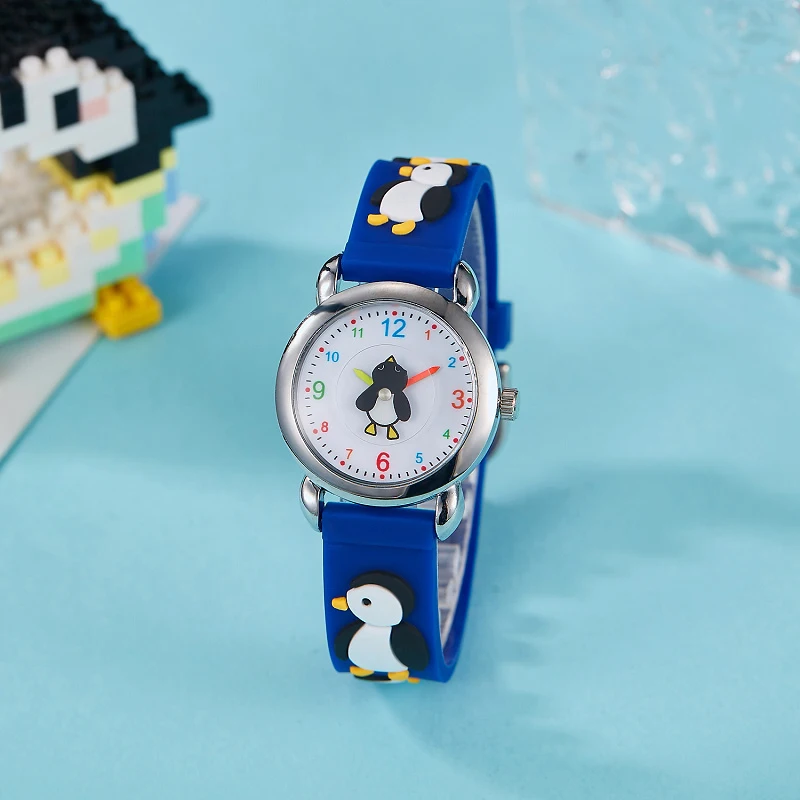 Cute Kids Silicone Watch with 3D Penguin Design Rotate Animal Second Hand Extra Battery Safe for Ages 3+Children Boys Girls Gift