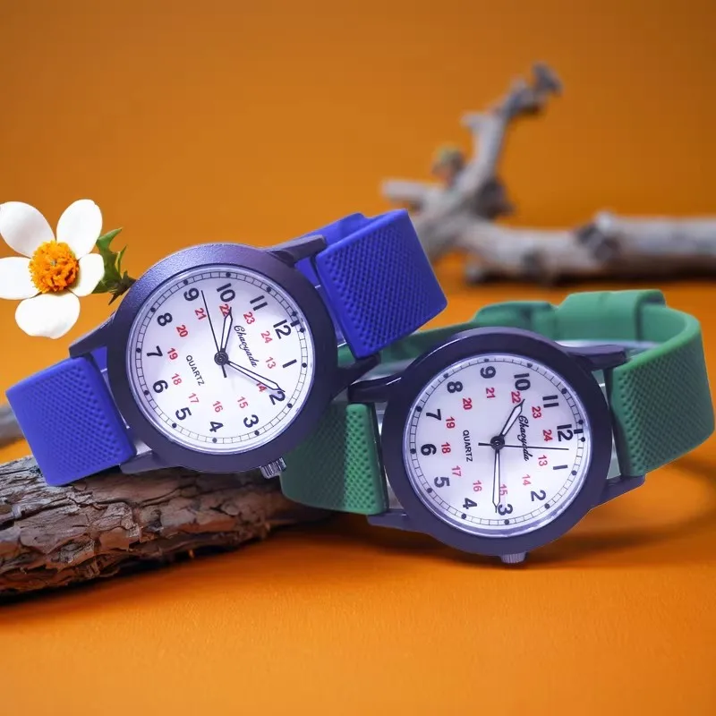 Children Boys Girls Kids 24Hours Soft Silicone Strap Wrist Watches Young Man Fashion Analog Watches Birthday Holiday Gifts