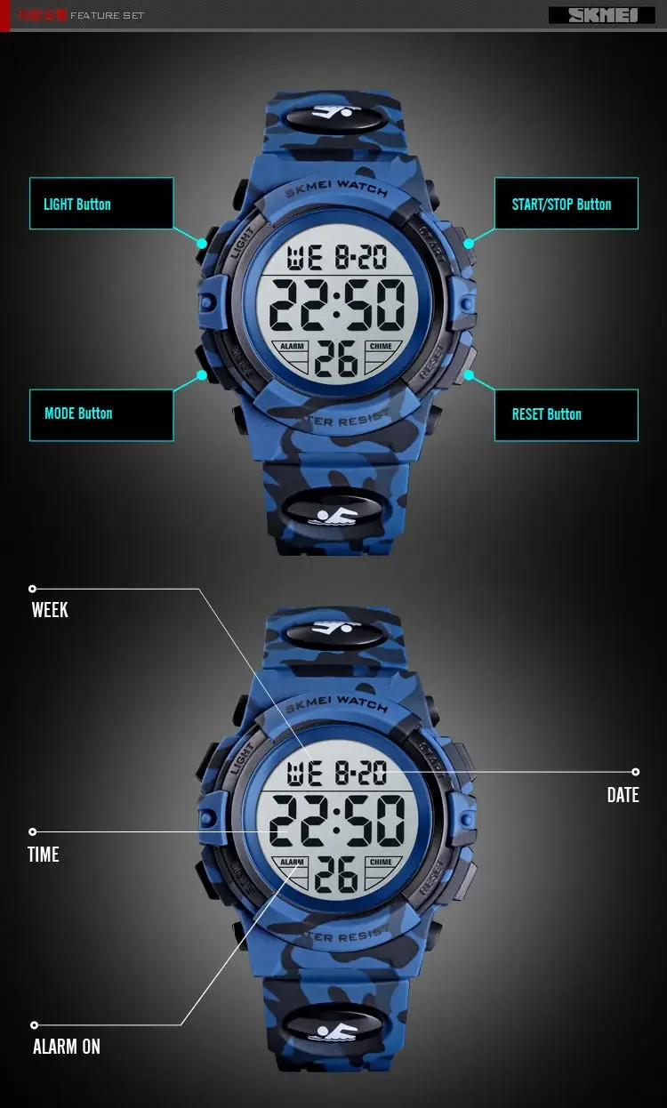 SKMEI 1548 Sport Children's Watch 5bar Waterproof Colorful Lights 12/24Hour Camouflage relogio infantil Boy Kids Watches