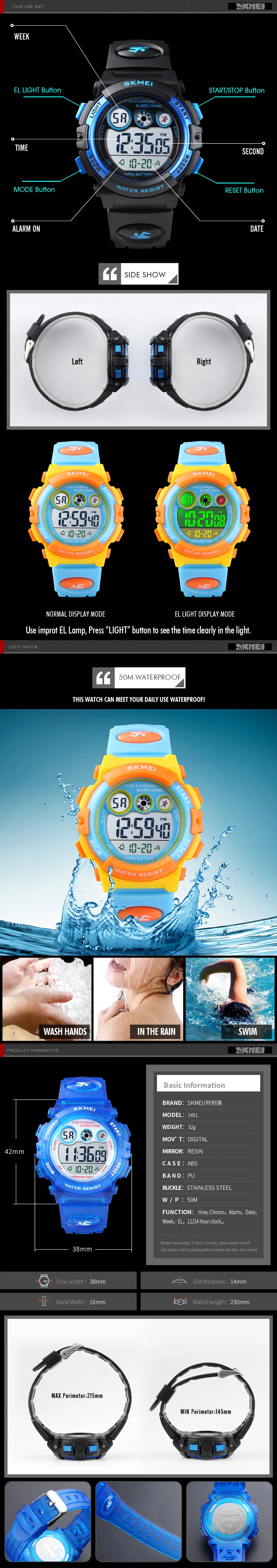 SKMEI 1451 Sports Kids Digital Watches Chrono Waterproof Energetics Dial Design Alarm Children's Wristwatch Relogio Infantil
