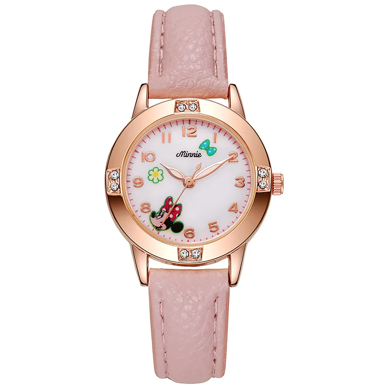 Disney Children's Watches Kids Boys Girls Cute Cartoon Minnie Imitation Diamond Wristwatch Belt Student Quartz Watch Gift