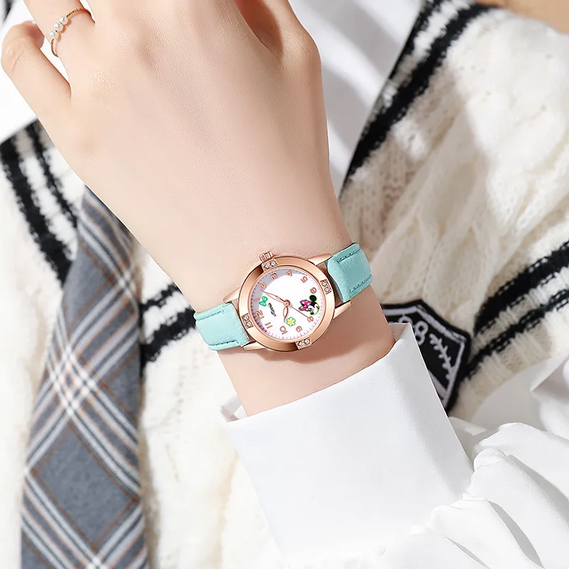 Disney Children's Watches Kids Boys Girls Cute Cartoon Minnie Imitation Diamond Wristwatch Belt Student Quartz Watch Gift