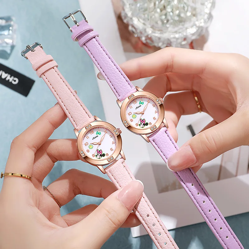 Disney Children's Watches Kids Boys Girls Cute Cartoon Minnie Imitation Diamond Wristwatch Belt Student Quartz Watch Gift