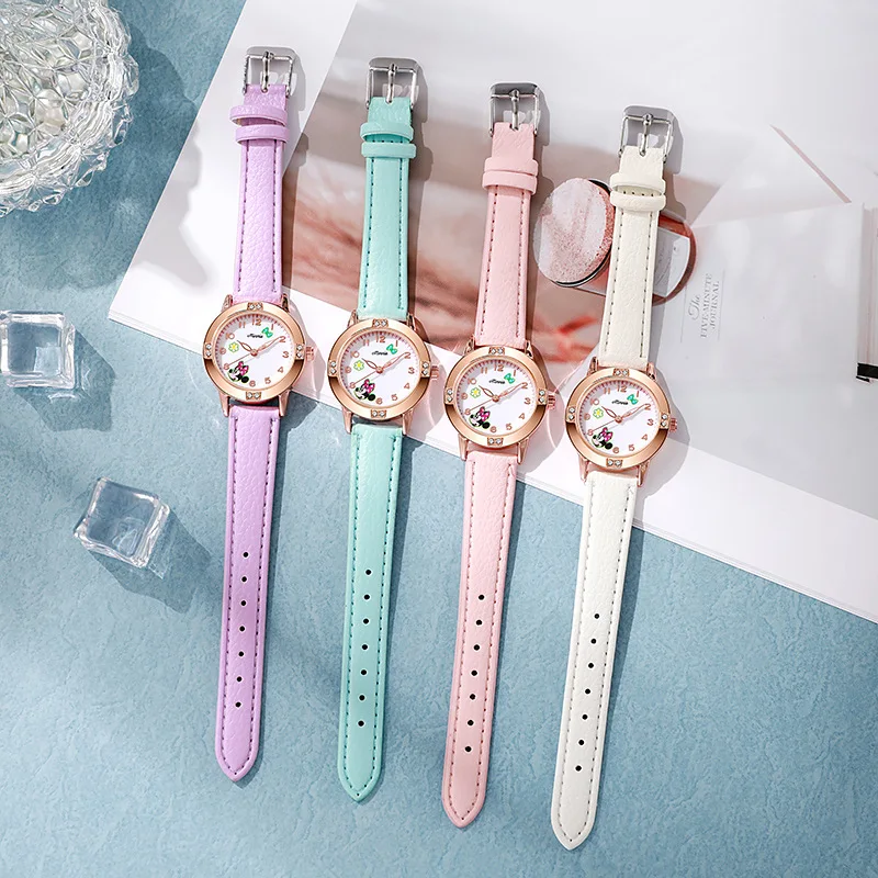 Disney Children's Watches Kids Boys Girls Cute Cartoon Minnie Imitation Diamond Wristwatch Belt Student Quartz Watch Gift