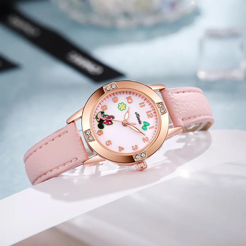 Disney Children's Watches Kids Boys Girls Cute Cartoon Minnie Imitation Diamond Wristwatch Belt Student Quartz Watch Gift