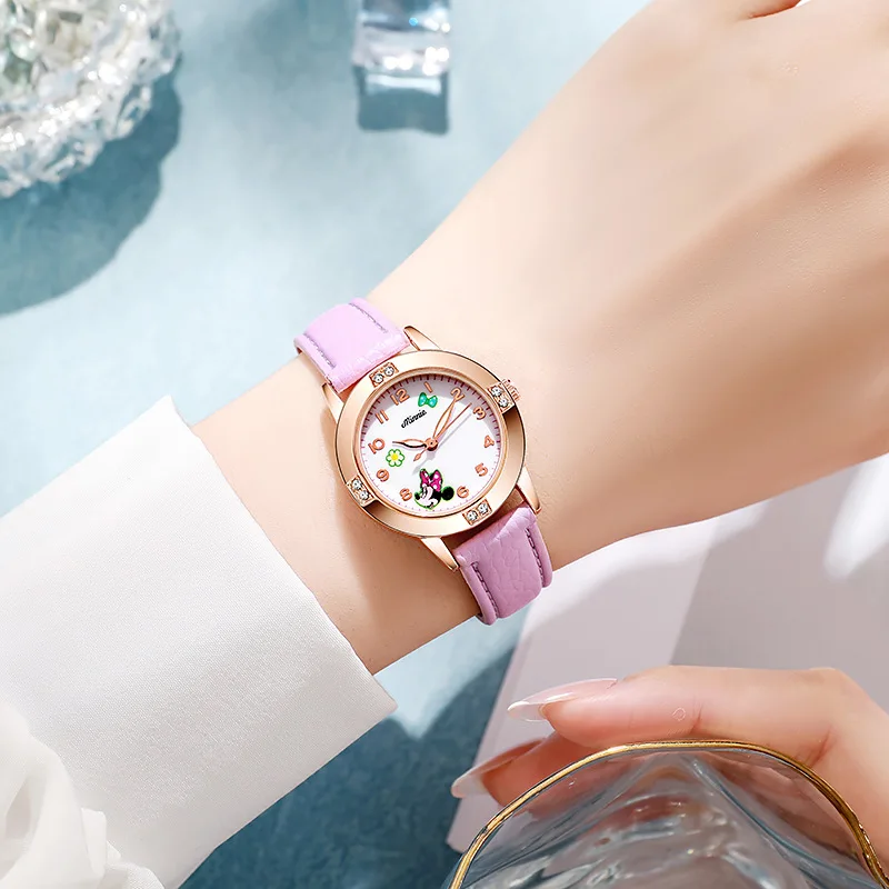 Disney Children's Watches Kids Boys Girls Cute Cartoon Minnie Imitation Diamond Wristwatch Belt Student Quartz Watch Gift