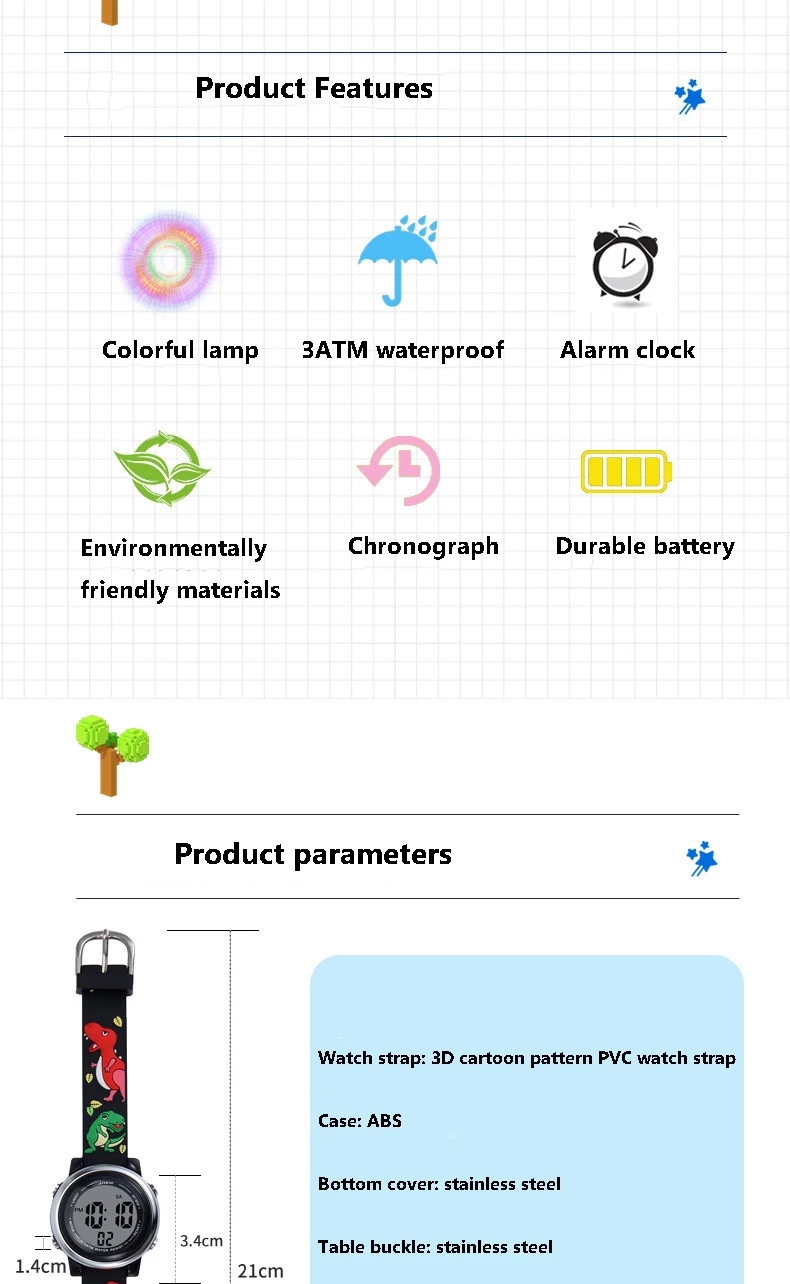 UTHAI C09 Kids Children Electronic Watches LED Cute Cartoon Dinosaur Alarm 30M Waterproof Luminous Boy Student Smart Watch Gift
