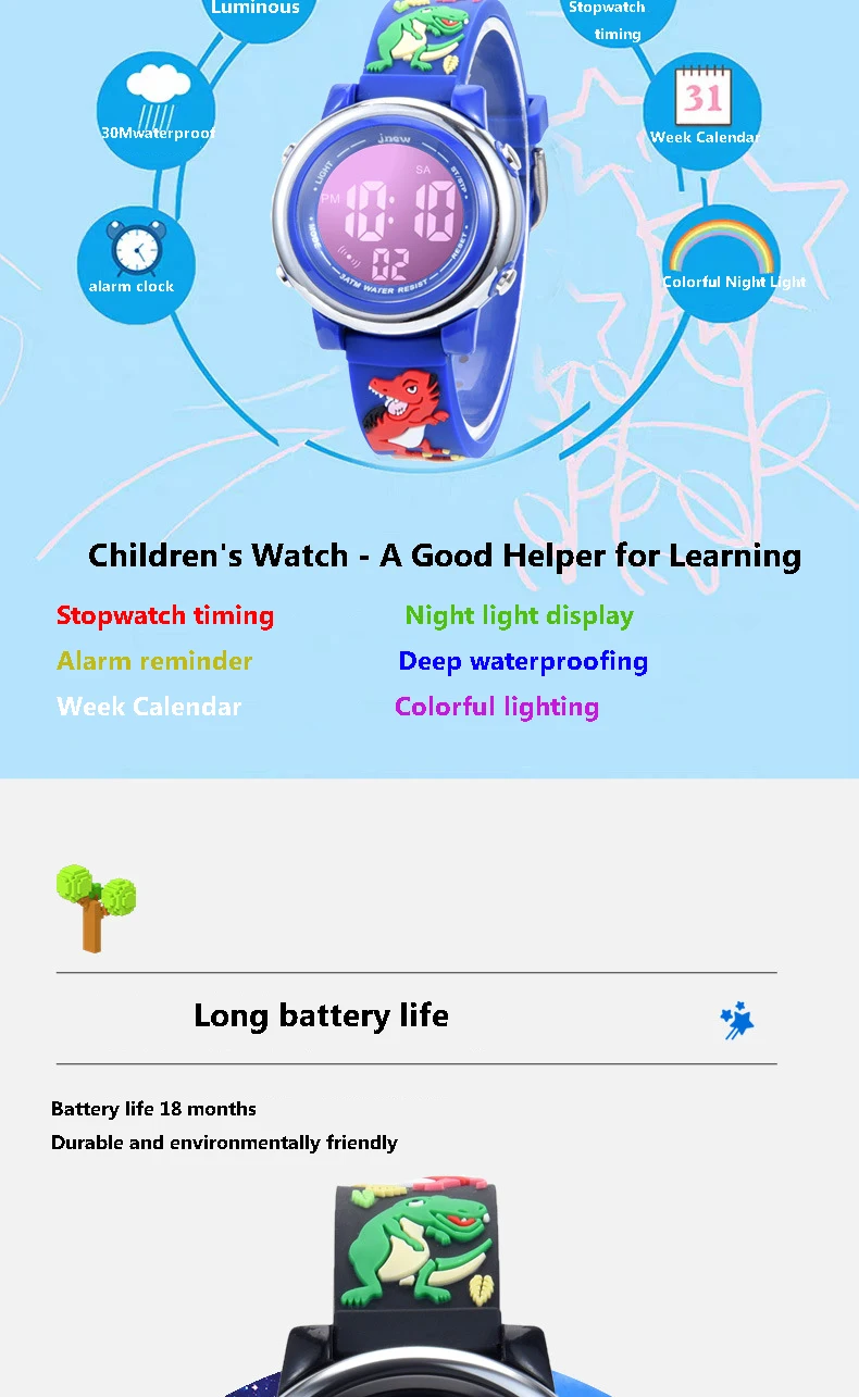 UTHAI C09 Kids Children Electronic Watches LED Cute Cartoon Dinosaur Alarm 30M Waterproof Luminous Boy Student Smart Watch Gift