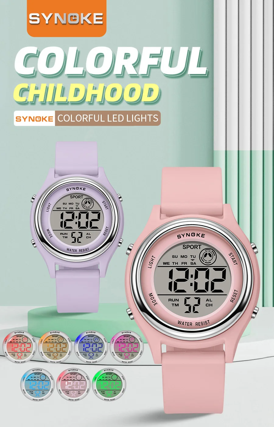 SYNOKE Digital Watch Colorful Children Seven Lights Watches Sport Students For Kids Waterproof Electronic Watch Shock Resist