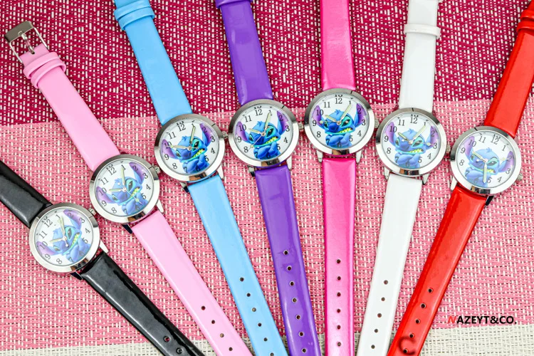 Disney Stitch Children's Watches Cartoon PU Strap Analog Watch Kids Quartz Watches Boys Kids Gifts for Primary School Students