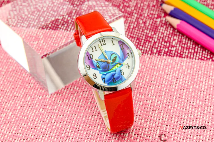 Disney Stitch Children's Watches Cartoon PU Strap Analog Watch Kids Quartz Watches Boys Kids Gifts for Primary School Students