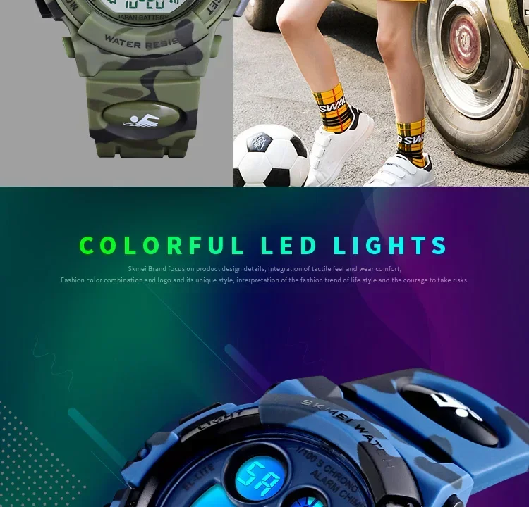 SKMEI 1547 Colorful LED+EL Lights relogio infantil Children's Sport Kids Watches Young And Energetic Dial Design 50M Waterproof