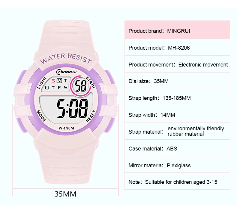 Pink Children Watches Digital Waterproof Sport Kids Wristwatch Alarm Stopwatch Electronic White Blue Girls Boys Watch Gifts