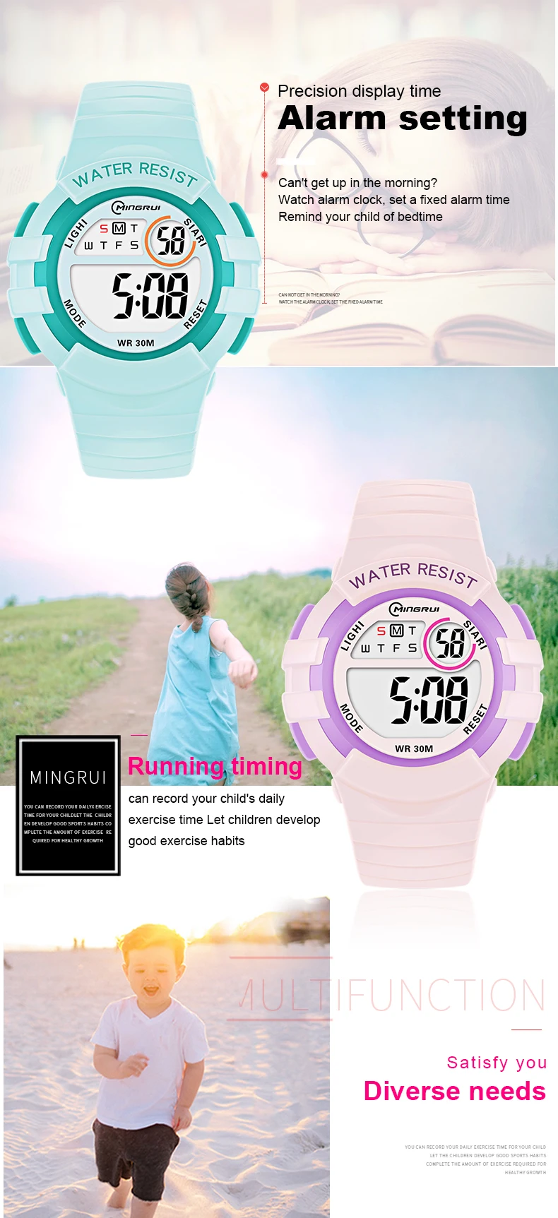 Pink Children Watches Digital Waterproof Sport Kids Wristwatch Alarm Stopwatch Electronic White Blue Girls Boys Watch Gifts