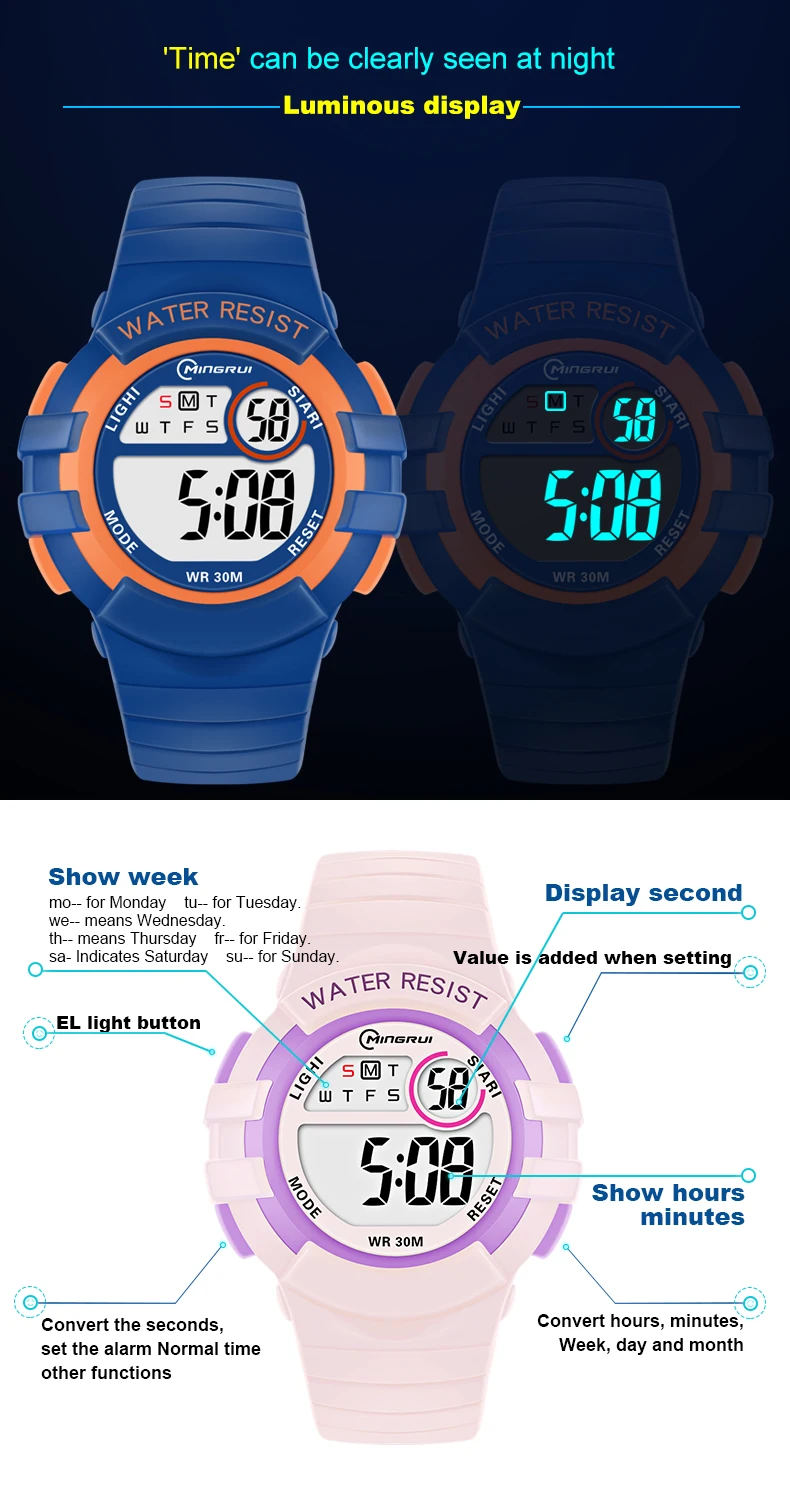 Pink Children Watches Digital Waterproof Sport Kids Wristwatch Alarm Stopwatch Electronic White Blue Girls Boys Watch Gifts
