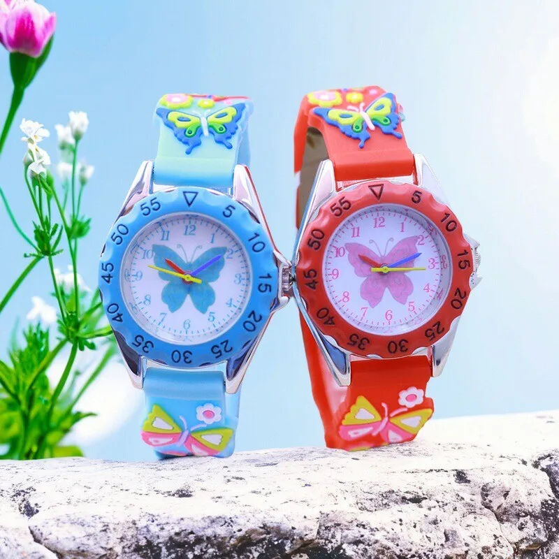 Children Boy Girl Learn Time Digital Quartz Watches Elementary School Student Cute Pink Butterfly Soft Strap Watches Kids Gifts