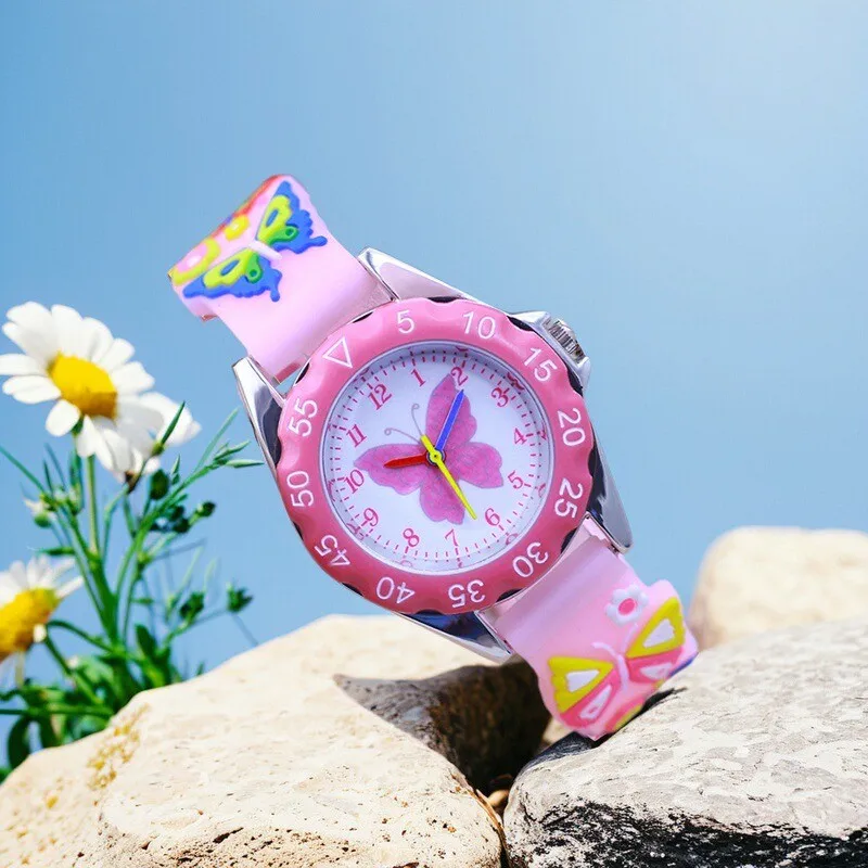 Children Boy Girl Learn Time Digital Quartz Watches Elementary School Student Cute Pink Butterfly Soft Strap Watches Kids Gifts