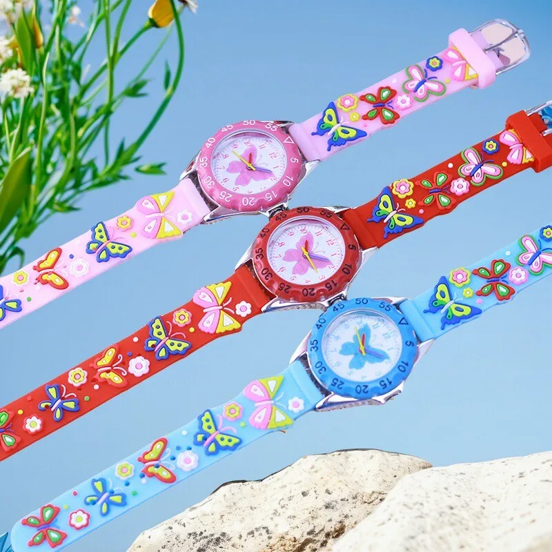Children Boy Girl Learn Time Digital Quartz Watches Elementary School Student Cute Pink Butterfly Soft Strap Watches Kids Gifts