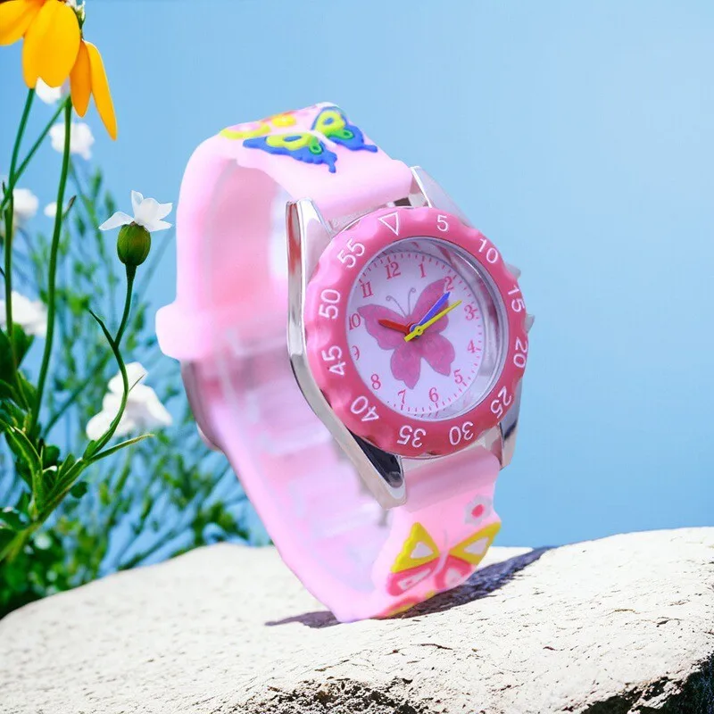 Children Boy Girl Learn Time Digital Quartz Watches Elementary School Student Cute Pink Butterfly Soft Strap Watches Kids Gifts