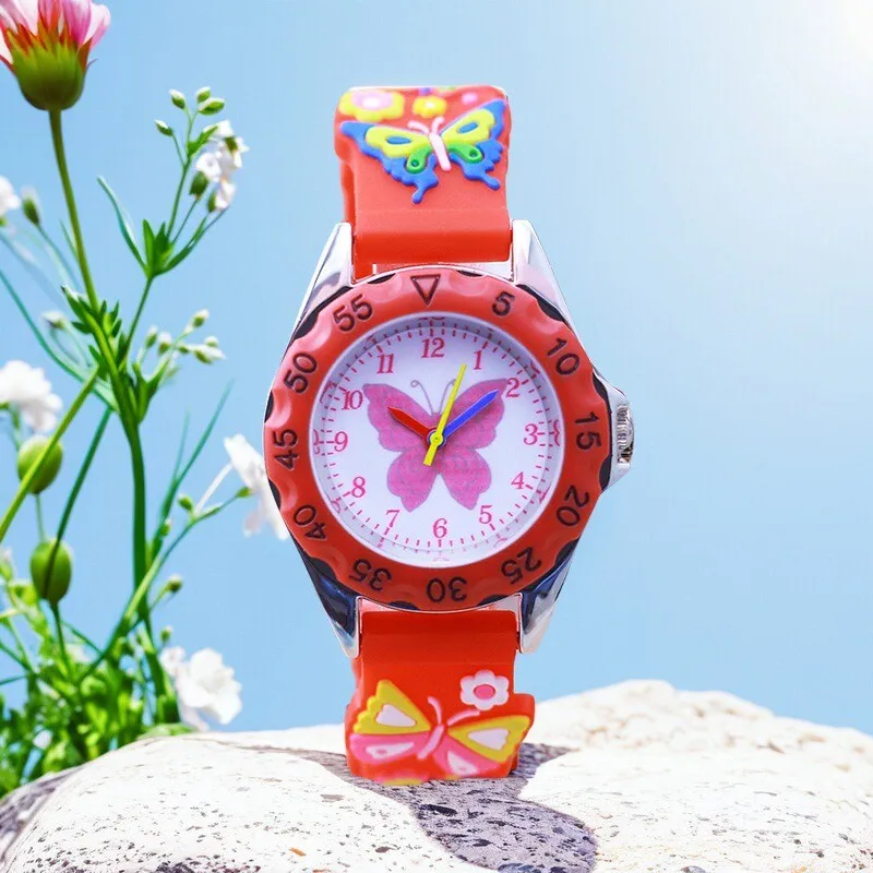 Children Boy Girl Learn Time Digital Quartz Watches Elementary School Student Cute Pink Butterfly Soft Strap Watches Kids Gifts