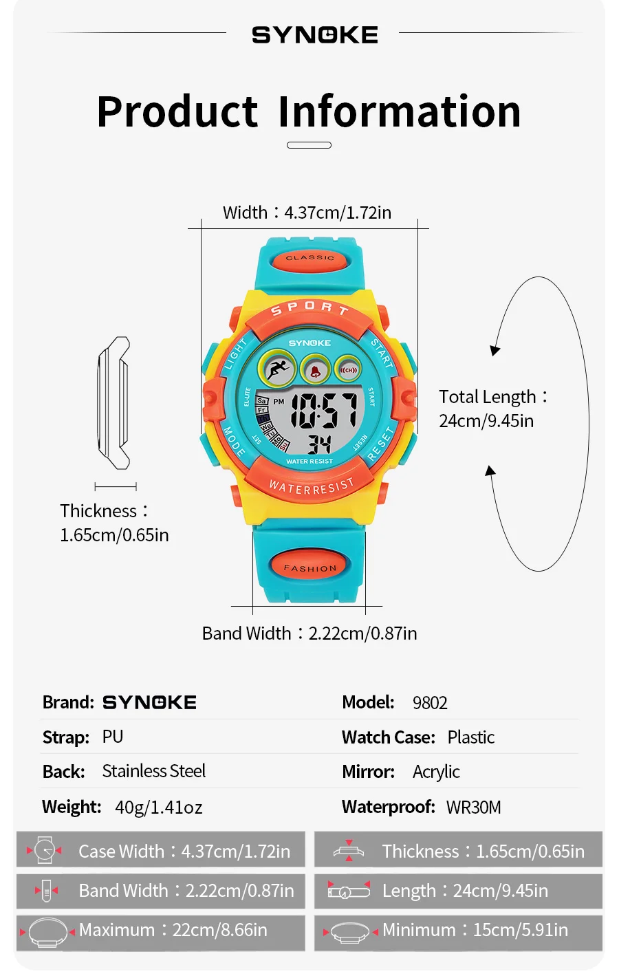 SYNOKE Student Sport Watches For Kids Colorful Electronic Watches 50M Waterproof Clock Children Digital Watch For Boys Girls