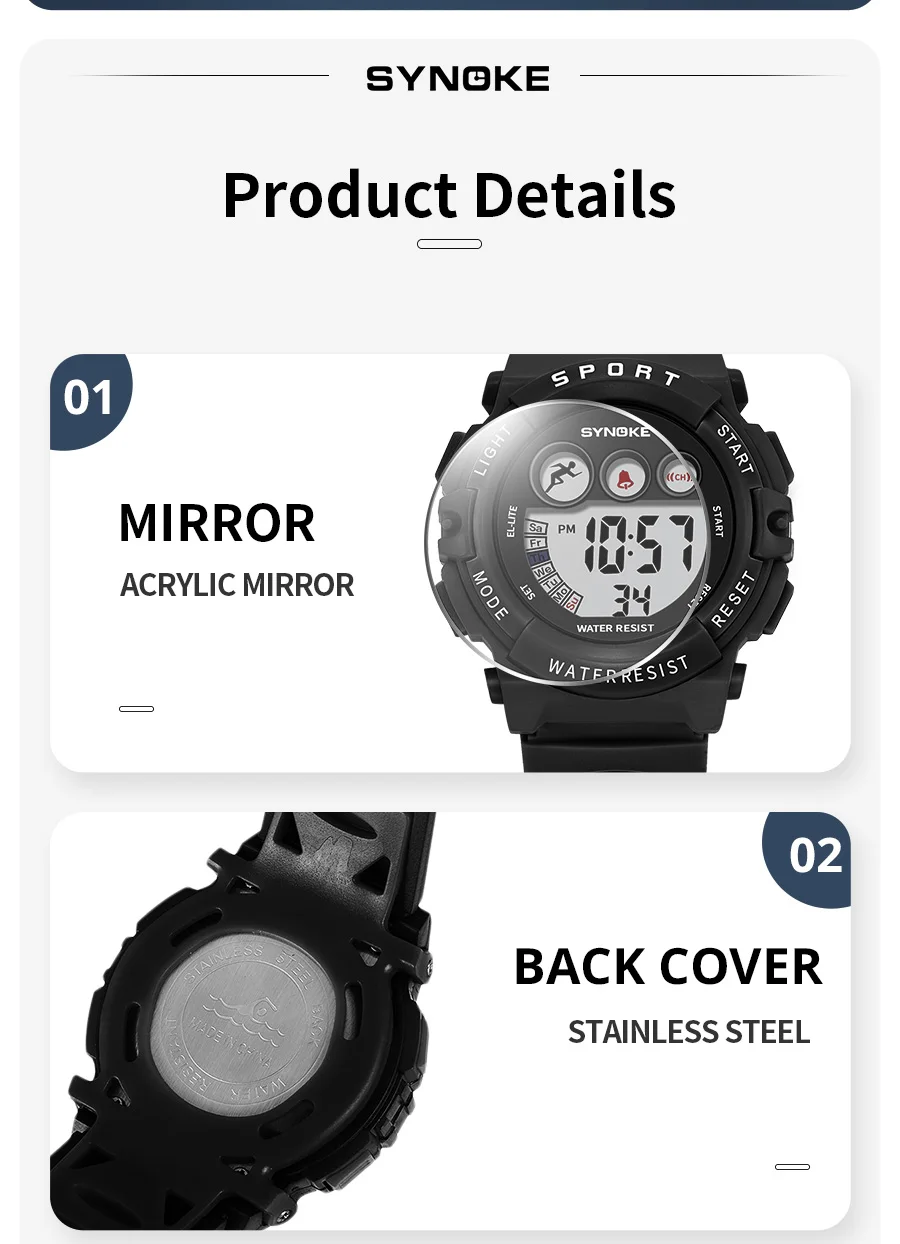 SYNOKE Student Sport Watches For Kids Colorful Electronic Watches 50M Waterproof Clock Children Digital Watch For Boys Girls