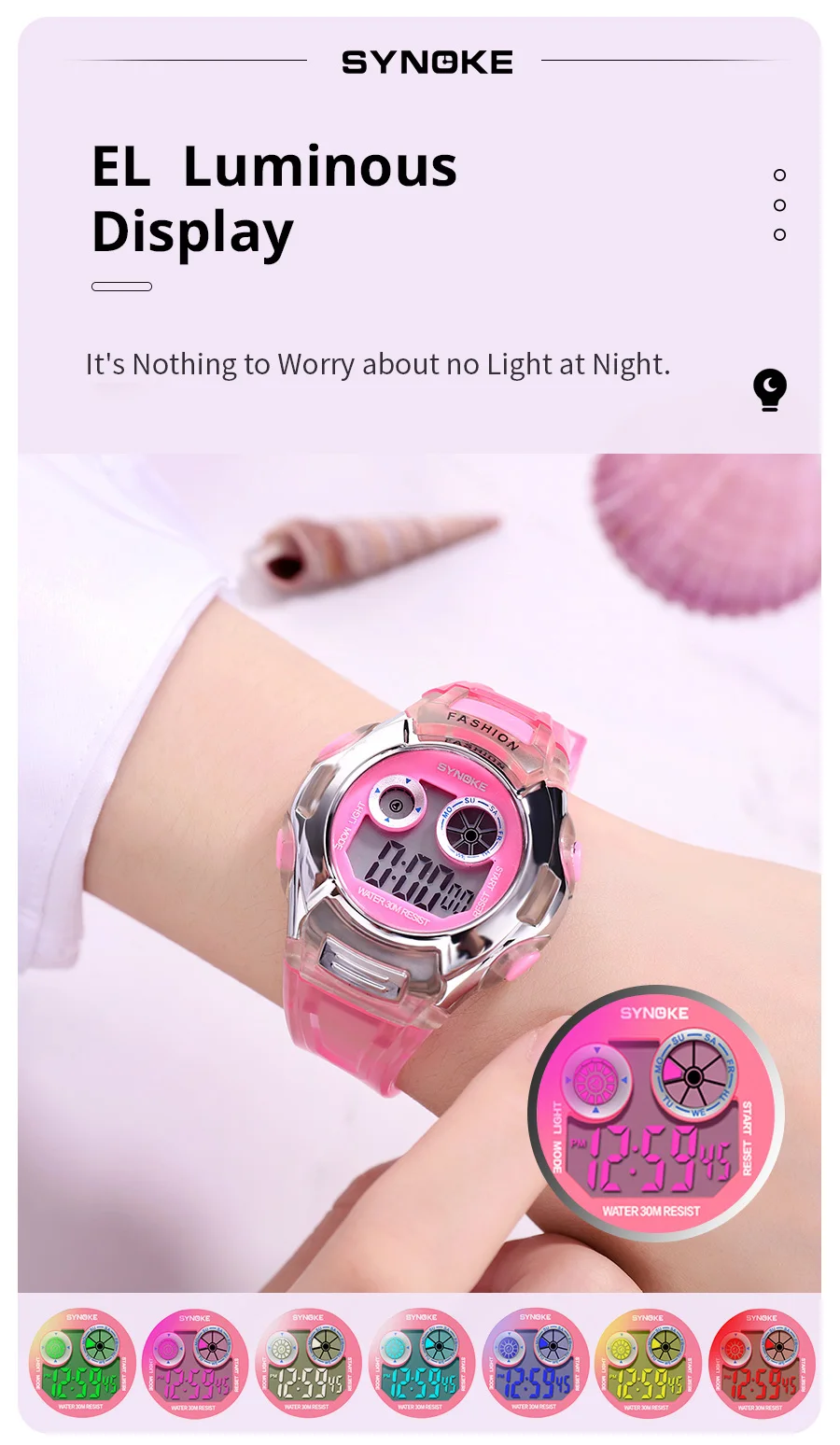 SYNOKE Student Electronic Watch Waterproof Sports Children Watch Glow Multi Function Digital Watch Seven Colors Light Gift