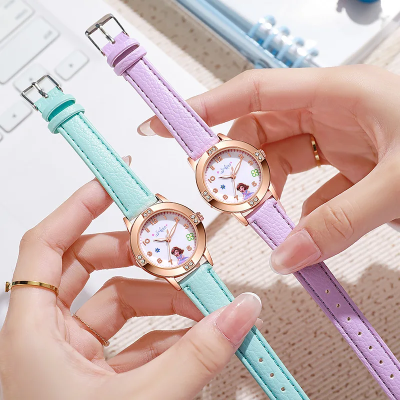 Disney Children's Watches Kids Boys Girls Cute Cartoon Sofia Princess Aisha Diamond Wristwatch Student Quartz Watch Gift