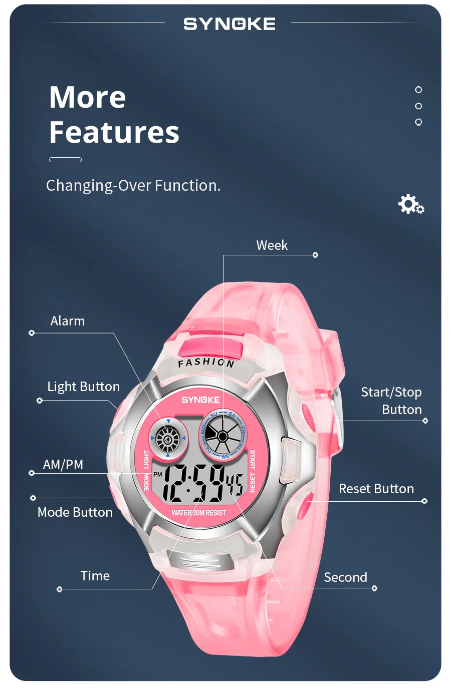 SYNOKE Student Electronic Watch Waterproof Sports Children Watch Glow Multi Function Digital Watch Seven Colors Light Gift