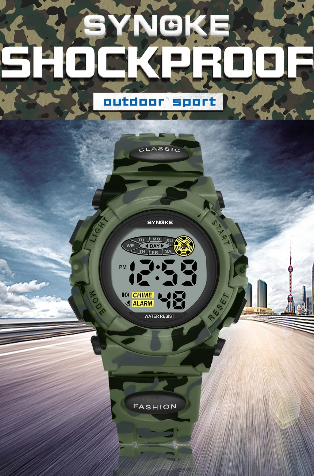 SYNOKE Student Sport Watch For Kids Colorful Electronic Watches Waterproof Clock Children Digital Watch For Boys Camouflage