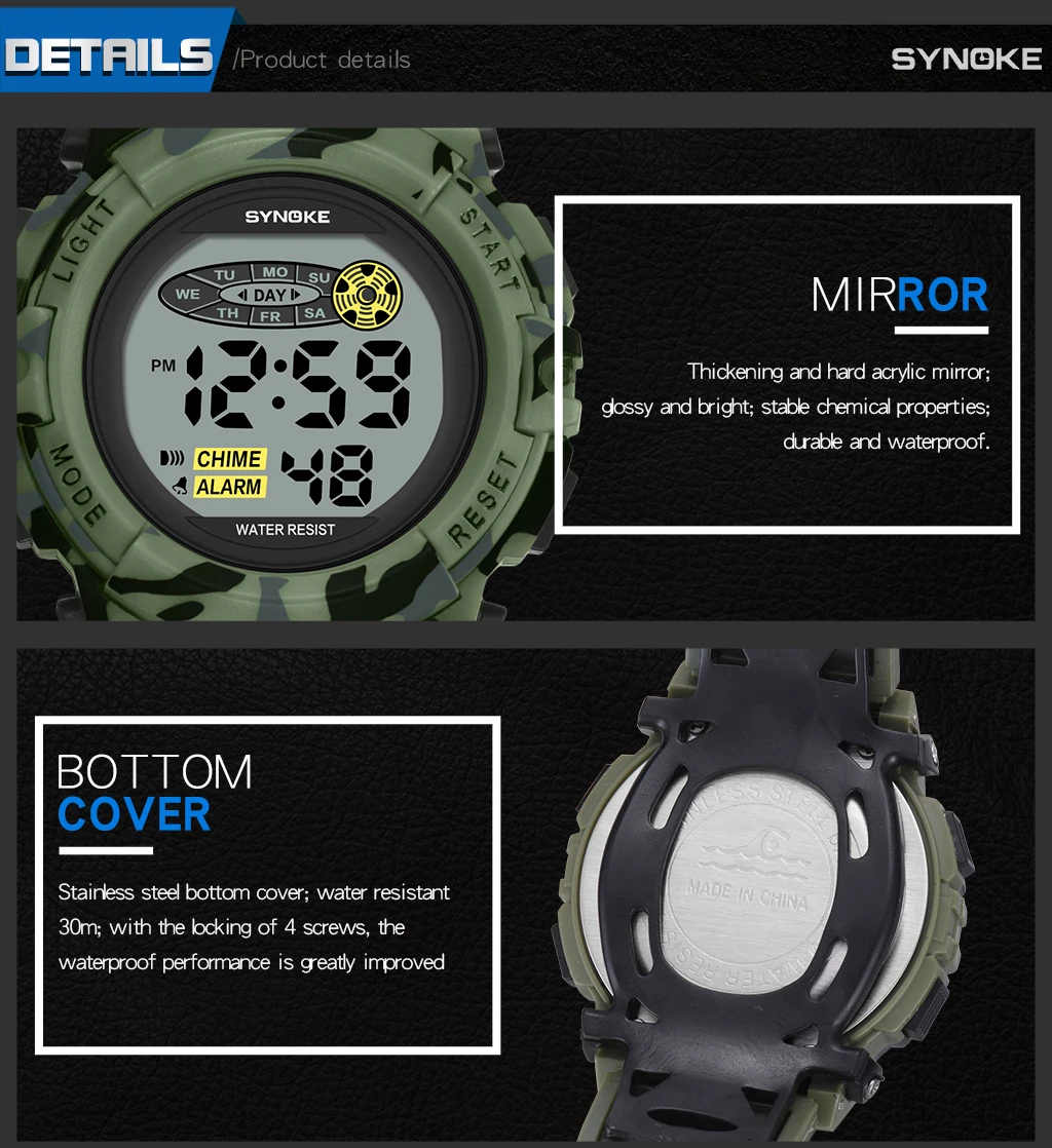 SYNOKE Student Sport Watch For Kids Colorful Electronic Watches Waterproof Clock Children Digital Watch For Boys Camouflage
