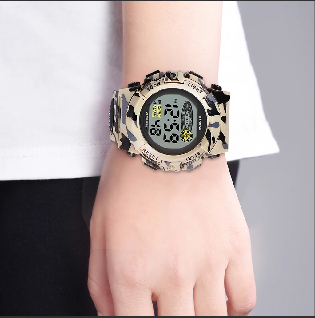 SYNOKE Student Sport Watch For Kids Colorful Electronic Watches Waterproof Clock Children Digital Watch For Boys Camouflage