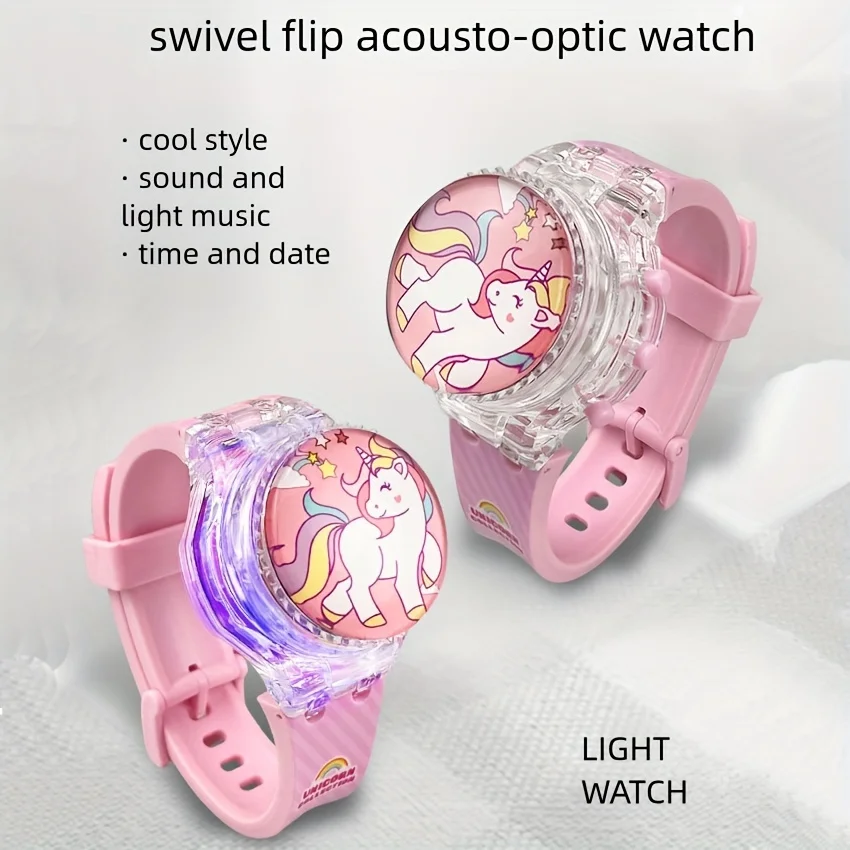 Fashion Flip Rotating Luminous Music Electronic Watch, Fashion Cartoon Cute Unicorn Watch, School Supplies Party Gift