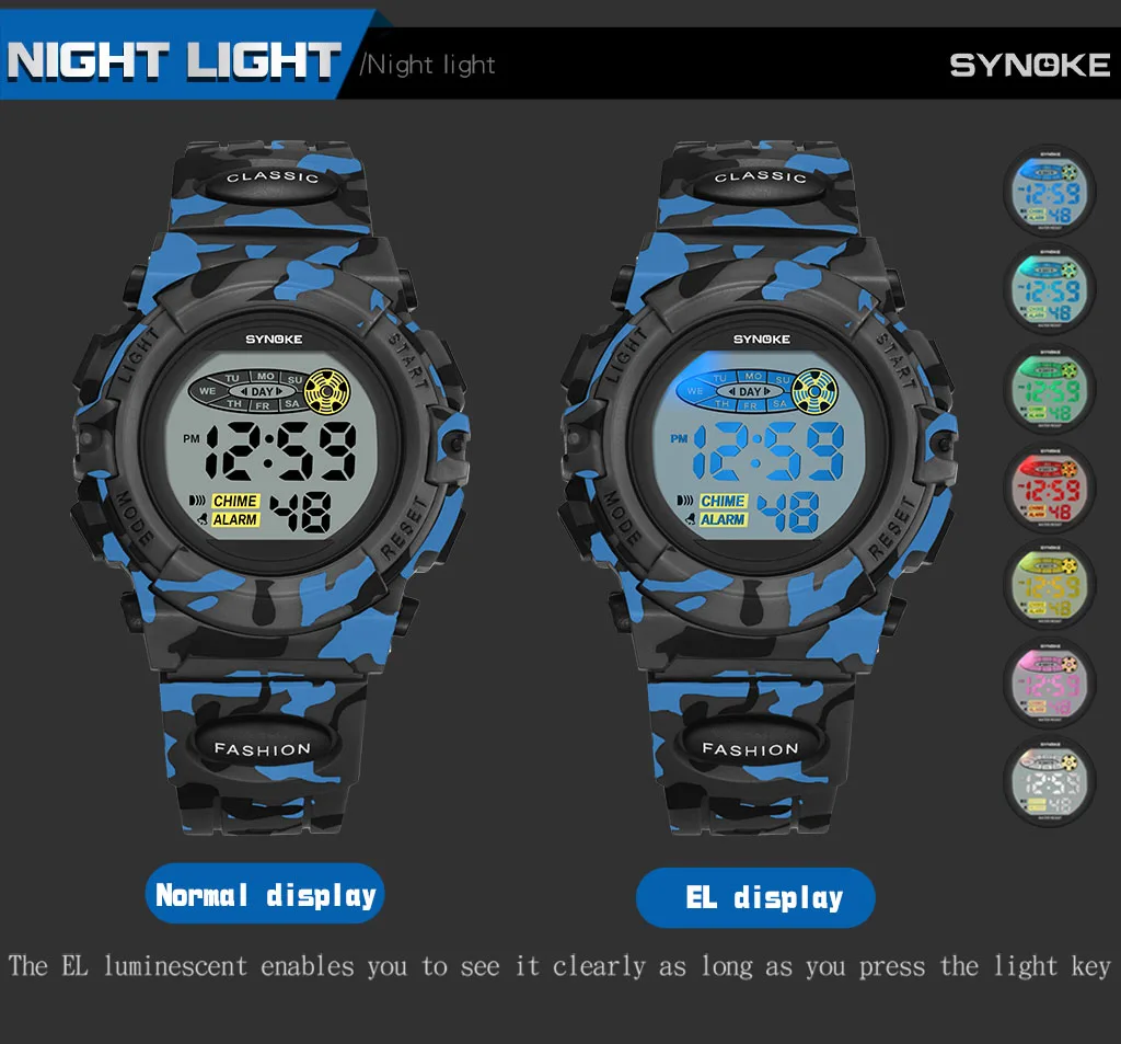 SYNOKE Student Sport Watch For Kids Colorful Electronic Watches Waterproof Clock Children Digital Watch For Boys Camouflage