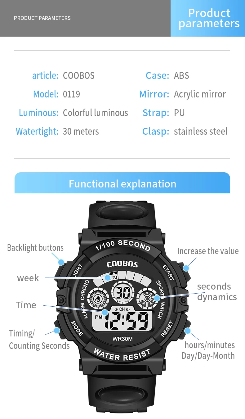 COOBOS Sports Kids Watches Waterproof LED Digital Watch for Children Multifunctional Luminous Girls Boys Clock Relogio Infantil